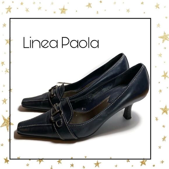 Linea Paola Navy Leather Pointed Toe Heels 6.5 - Picture 1 of 7